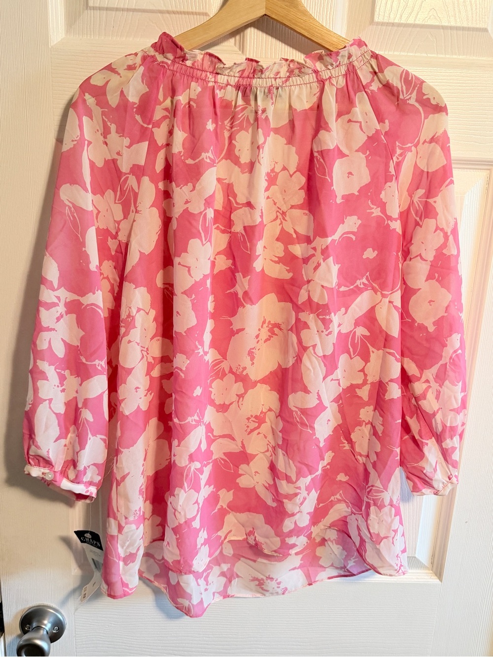 Chaps Pink and White Floral Ruffle Peasant Blouse - Picture 5 of 8